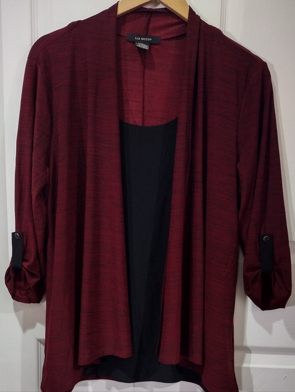 Liz McCoy Burgundy and Black Layered Open-Front Cardigan